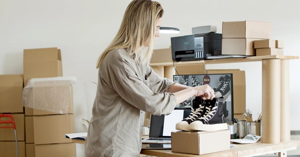 pexels-photo-7289707-7289707 A woman packs sneakers in a box at her e-commerce workspace, surrounded by packing materials.